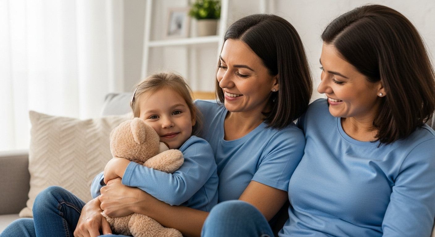 Kind kuschelt Kuscheltier