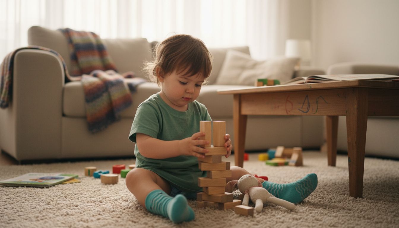 Child stacking wooden toys in sunlit living room