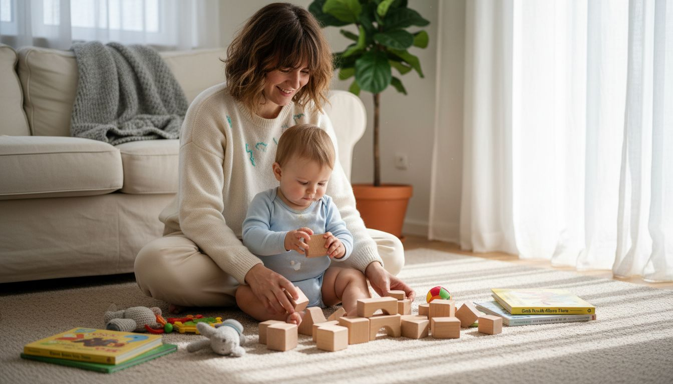 Eine Mutter baut gemeinsam mit ihrem Baby einen Turm aus Holzklötzen.
