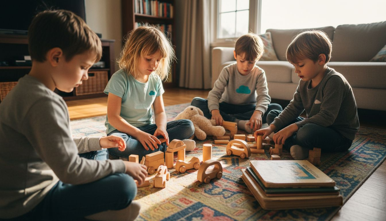 Kinder verbringen ihre Zeit gemeinsam beim Spielen mit geschlechtsneutralem Spielzeug.