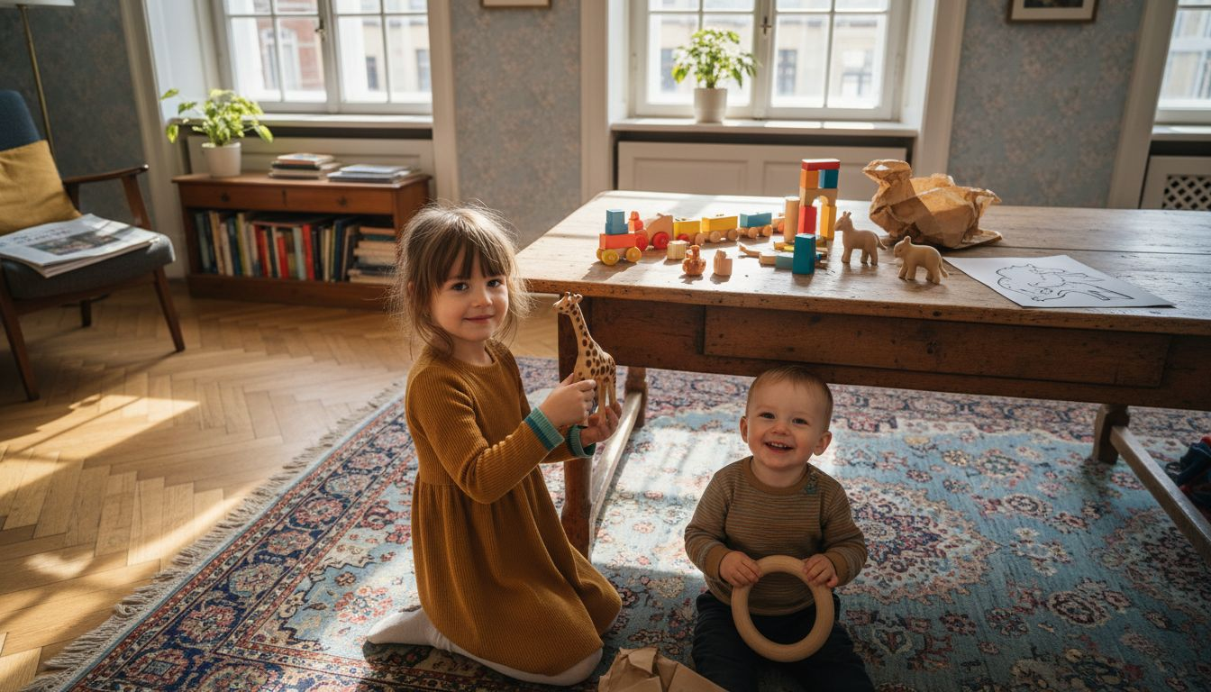 Zwei Kinder vertiefen sich ins Spielen mit buntem Holzspielzeug.