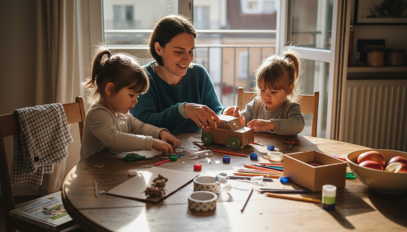Gemeinsam am Küchentisch verwandelt die Familie alte Alltagsgegenstände in kreatives Spielzeug.