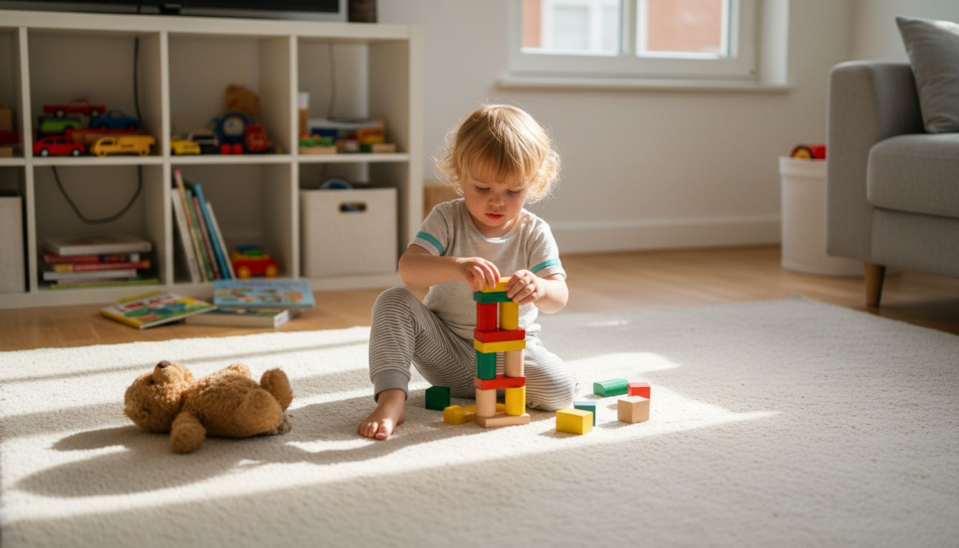 Ein Kind baut fröhlich mit nachhaltigen Holzbausteinen.