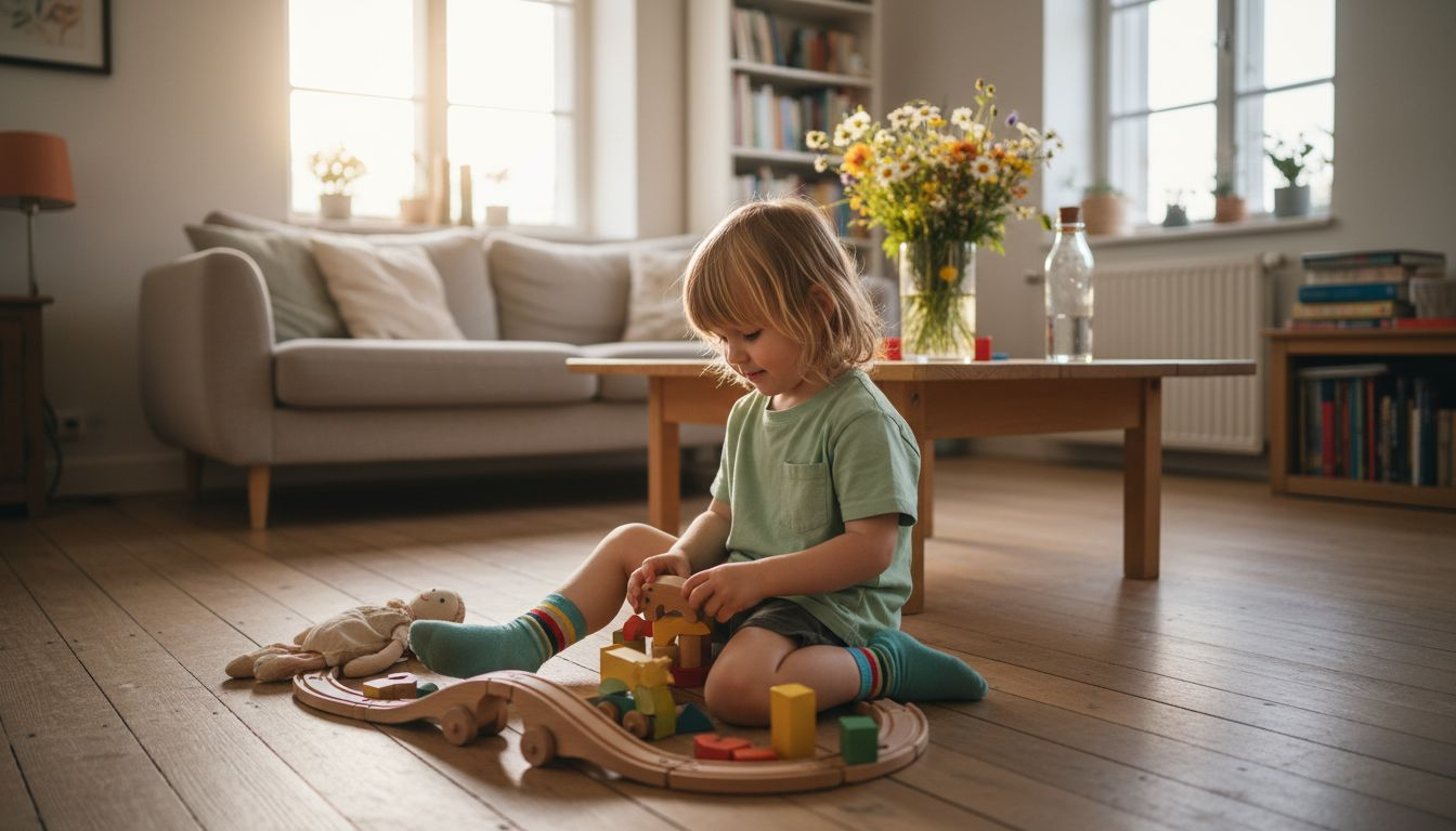 Ein Kind sitzt auf dem Holzboden und spielt begeistert mit nachhaltigem Holzspielzeug.