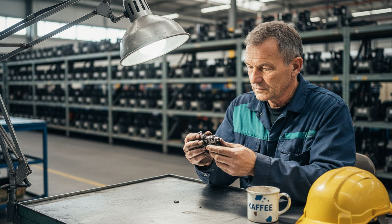 Ein Mitarbeiter prüft im Werk die Produktqualität.