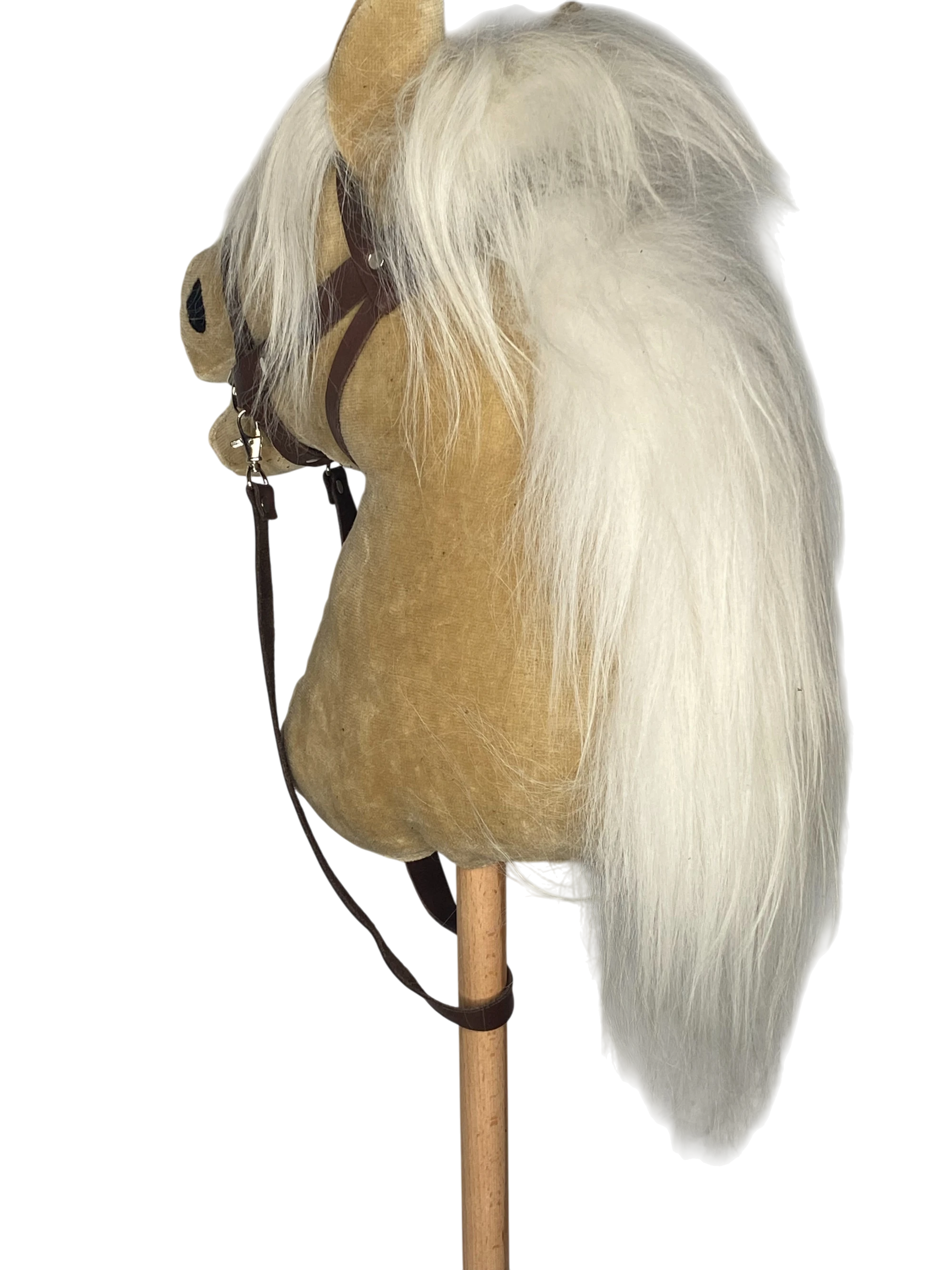 Bio Hobby Horse Steckenpferd beiges Samt / Velvet mit braune Zaumzeug von PAT & PATTY