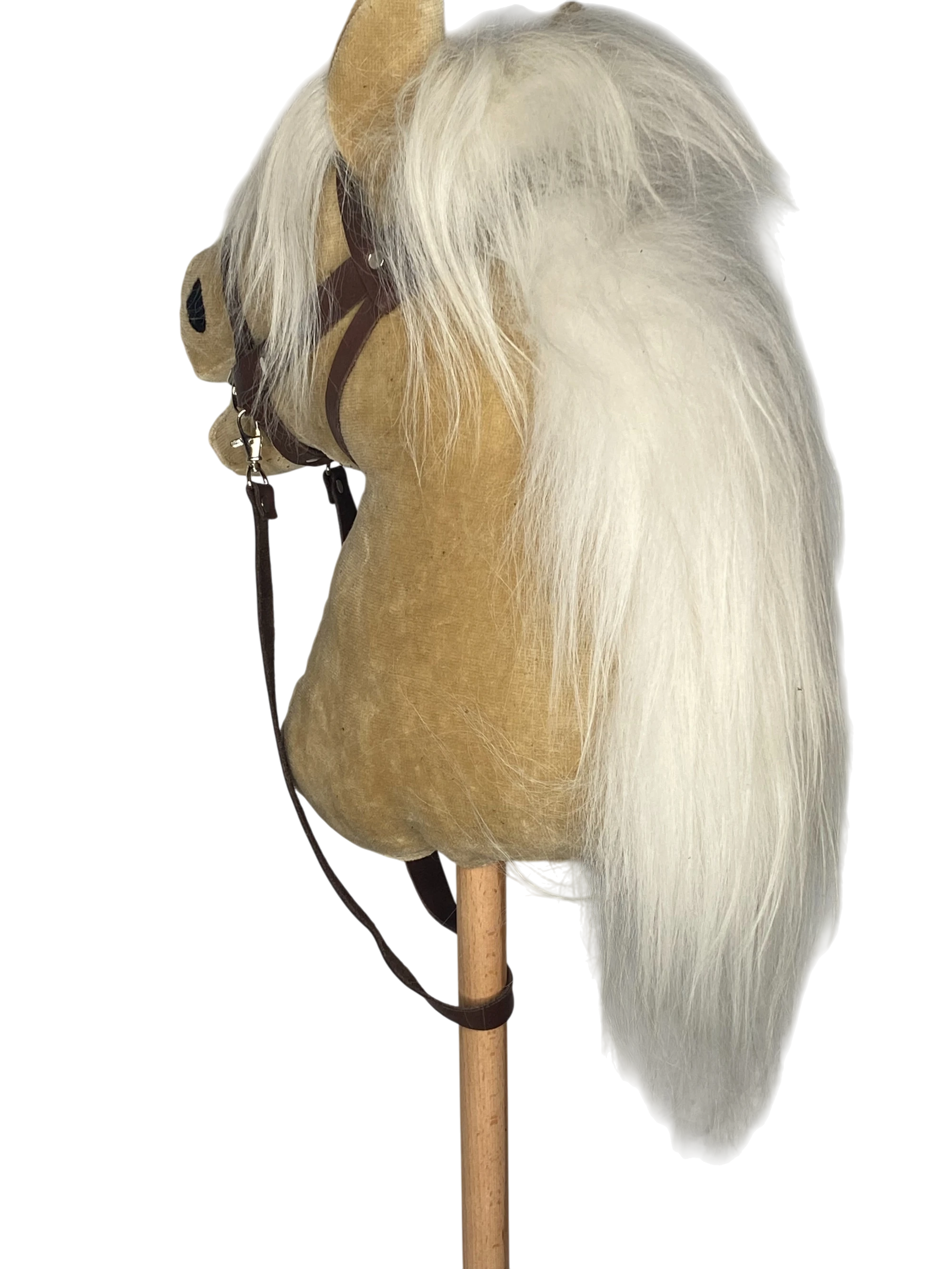 Bio Hobby Horse Steckenpferd beiges Samt / Velvet mit braune Zaumzeug von PAT & PATTY