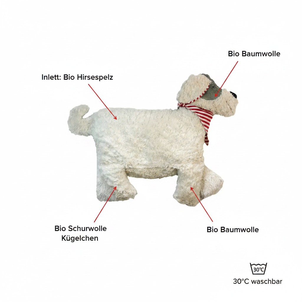Bio Kuschelkissen Hund aus Bio Baumwollplüsch mit Hirsespelz Füllung