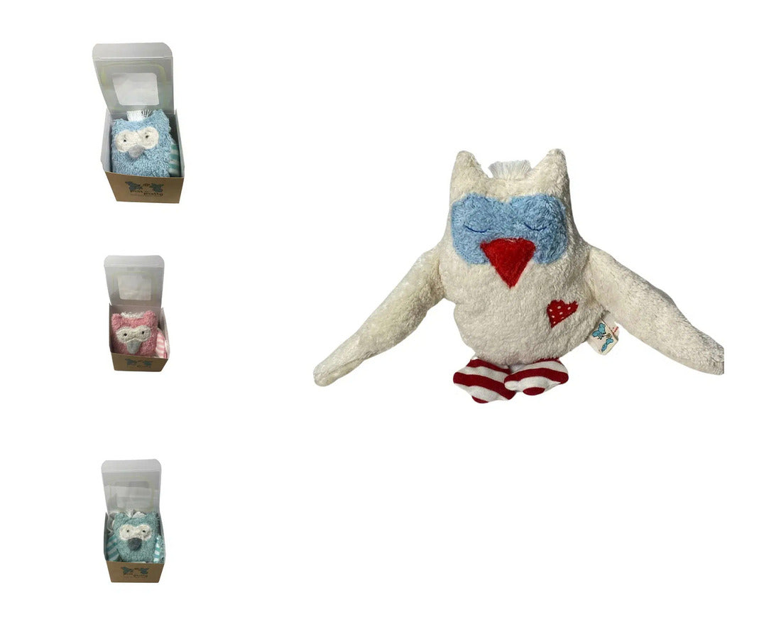 Geschenkset Eule â Bio Schmusetuch (eisblau, rosa oder hellblau) und Bio Rassel im Set, GOTS-zertifiziert, handgefertigt von PAT & PATTY
