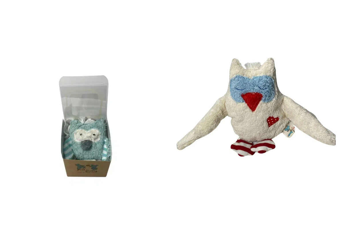 Geschenkset Eule eisblau â Bio Schmusetuch und Bio Rassel im Set, GOTS-zertifiziert, handgefertigt von PAT & PATTY