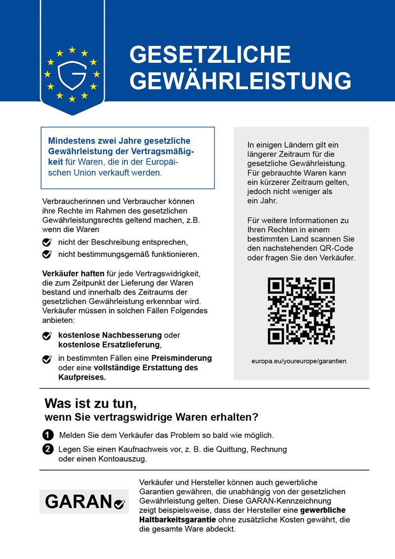 EU-Kennzeichnung "Gesetzliche GewĂ€hrleistung": Hinweis auf mindestens zwei Jahre gesetzliche GewĂ€hrleistung fĂŒr Waren in der EU, inkl. QR-Code zu weiteren Informationen unter europa.eu/youreurope/garantien