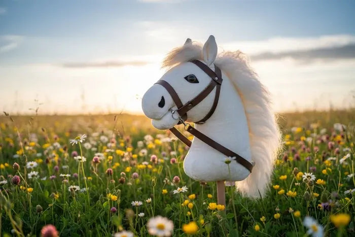 Bio Hobby Horse naturweiß auf blühender Blumenwiese – Steckenpferd von PAT & PATTY