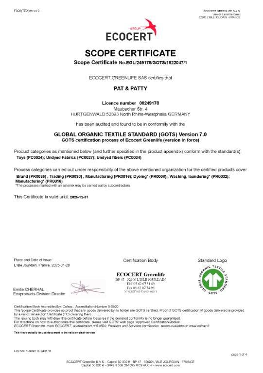 GOTS Zertifizierte Bio-Textilien Von PAT & PATTY – Fair, Nachhaltig Und Umweltfreundlich Hergestellt Nach Dem Global Organic Textile Standard