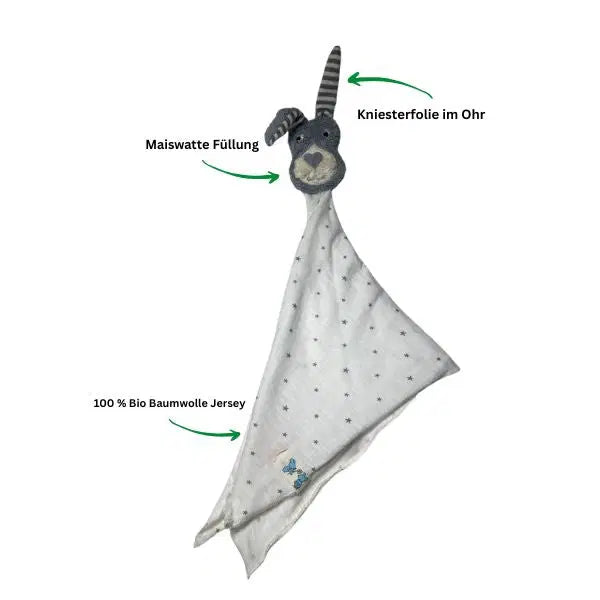 Schmusetuch Hase mit Knisterfolie im Ohr – biologisches Sinnes-Spielzeug für Babys von PAT & PATTY