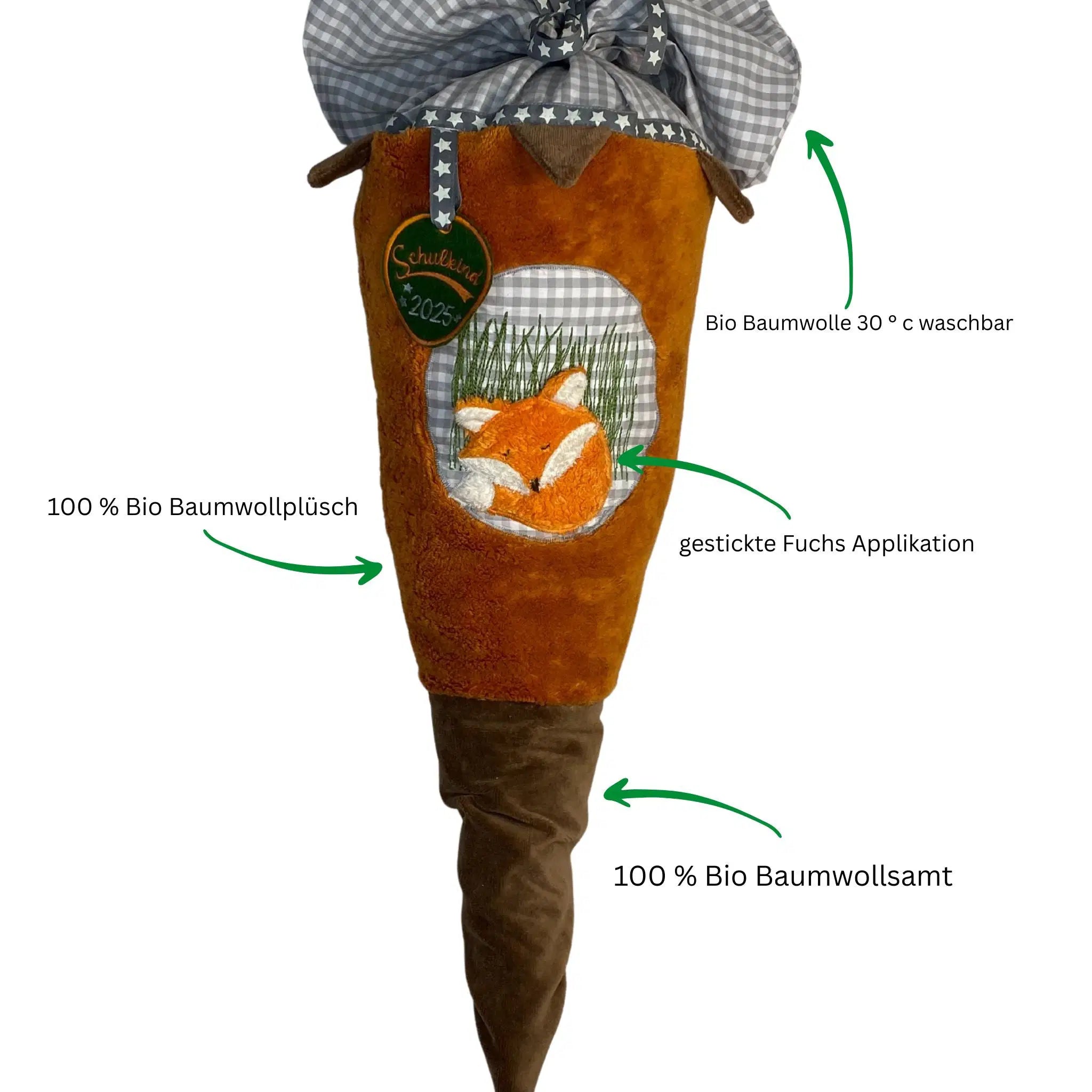 Handgemachte Schultüte aus Stoff mit Fuchs-Applikation – nachhaltig, wiederverwendbar und ideal zur Einschulung von PAT & PATTY