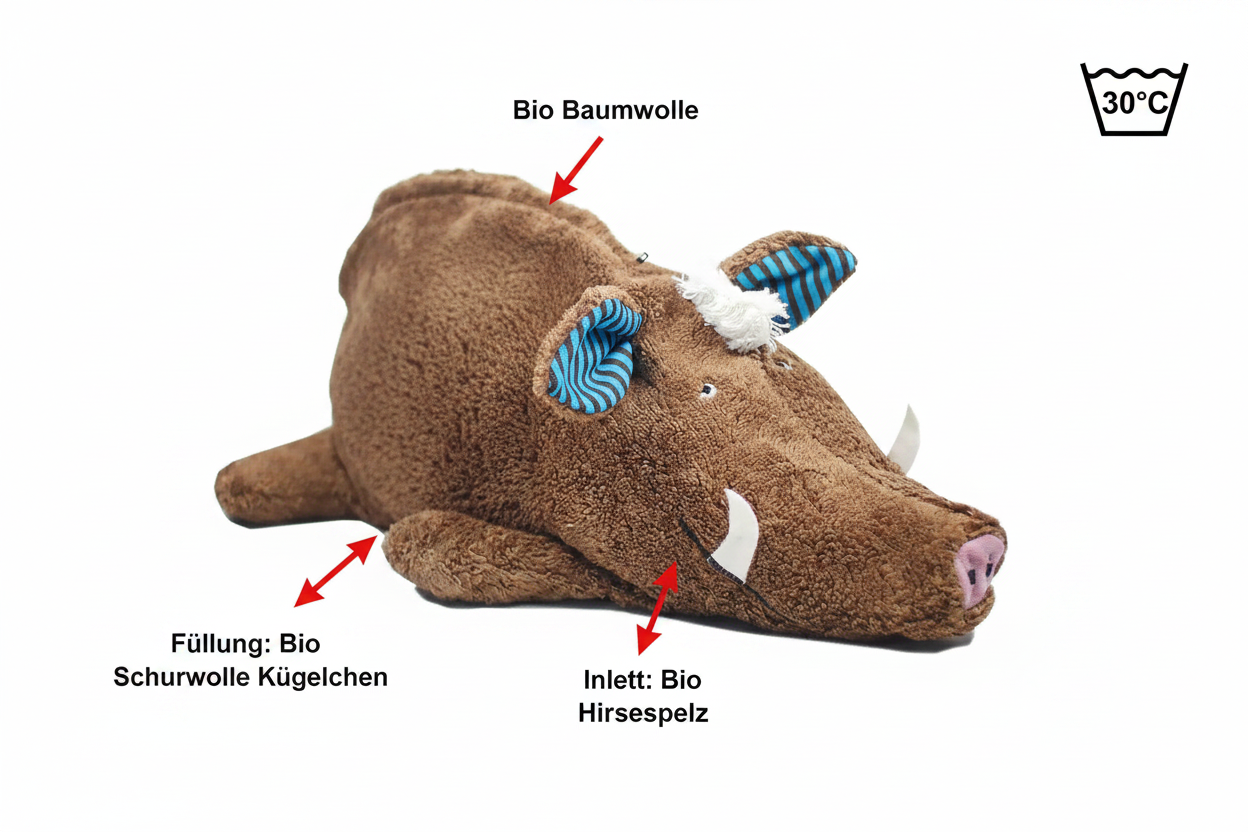 Bio Kuschelkissen Wildschwein aus Bio Baumwollplüsch mit Hirsespelz Füllung
