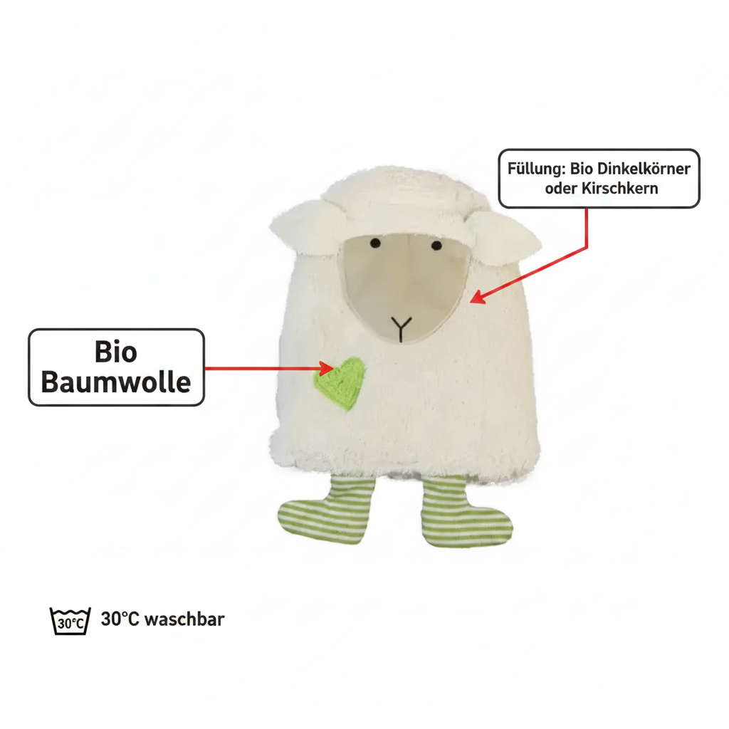 Bio Wärmekissen Schaf Grün aus Bio Baumwolle waschbar mit Dinkelkörner bzw. Kirschkern Inlett