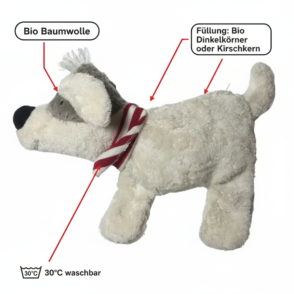 Bio Wärmekissen Hund Naturweiß aus Bio Baumwolle mit Dinkelkörner Füllung