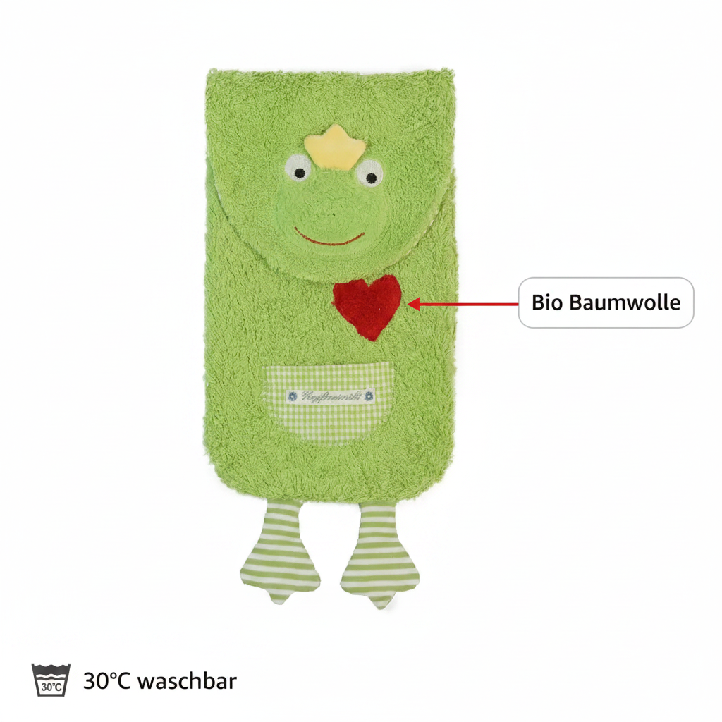 Bio Wärmflasche Frosch aus Bio Baumwollplüsch hellgrün Farbe mit 800 ml. Kautschuk Flasche