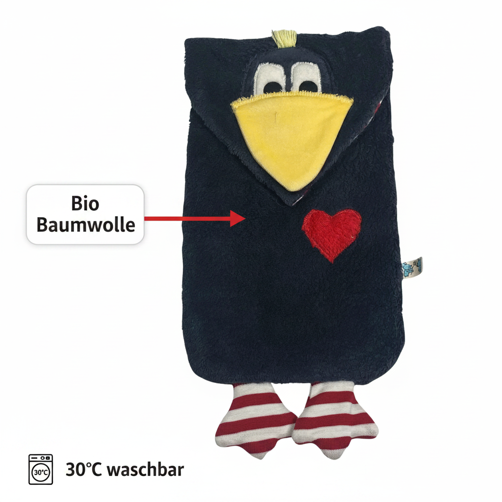 Bio Wärmflasche Rabe aus Bio Baumwollplüsch mit 800 ml. Kautschuk Flasche für Kinder und Erwachsen