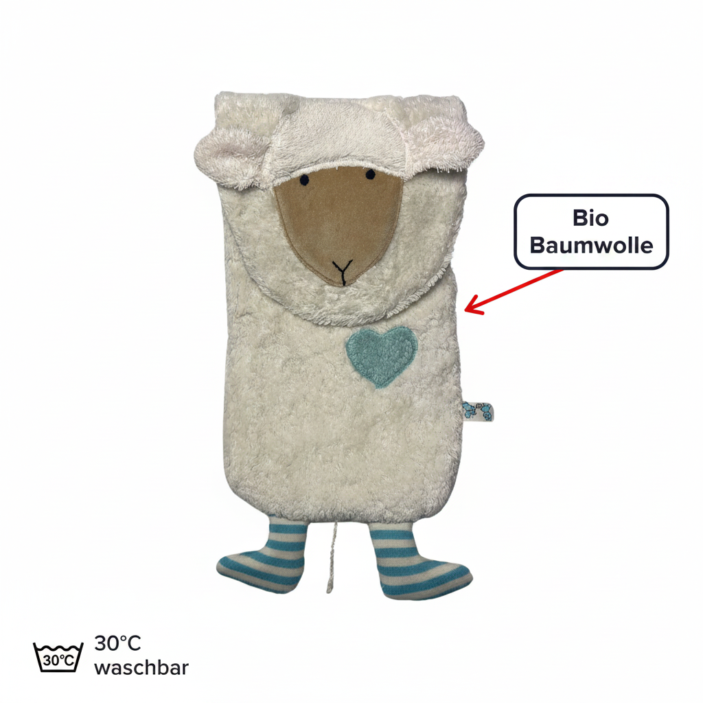 Bio Wärmflasche Schaf aus Bio Baumwollplüsch mit 800 ml. Kautschuk Flasche und waschbar