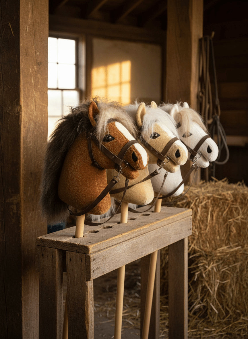 Drei Steckenpferde / Hobby horse im Pferdehof