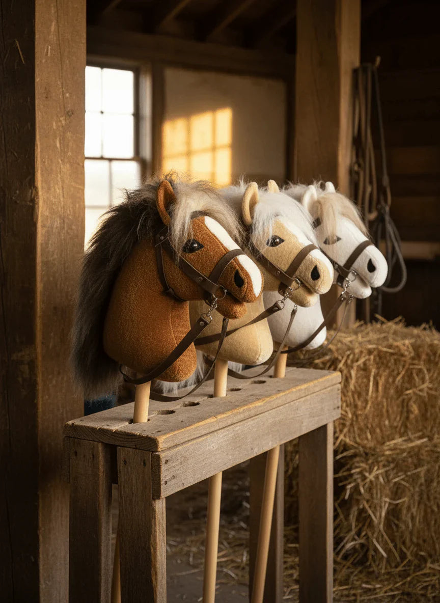 Drei Steckenpferde / Hobby horse im Pferdehof