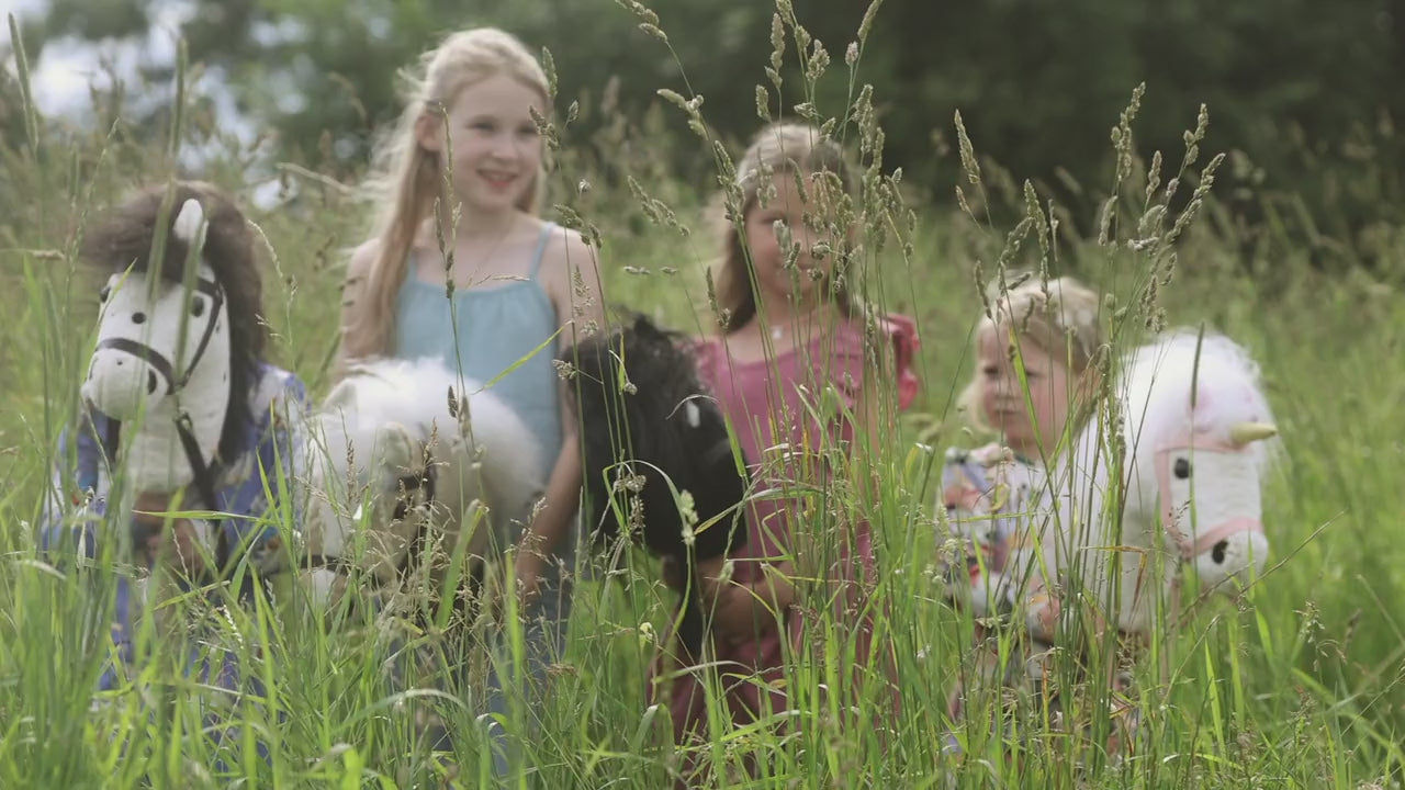 Kinder reiten ihre Steckenpferde im Feld