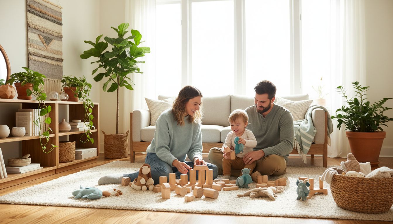 Familie spielt mit plastikfreiem Holzspielzeug