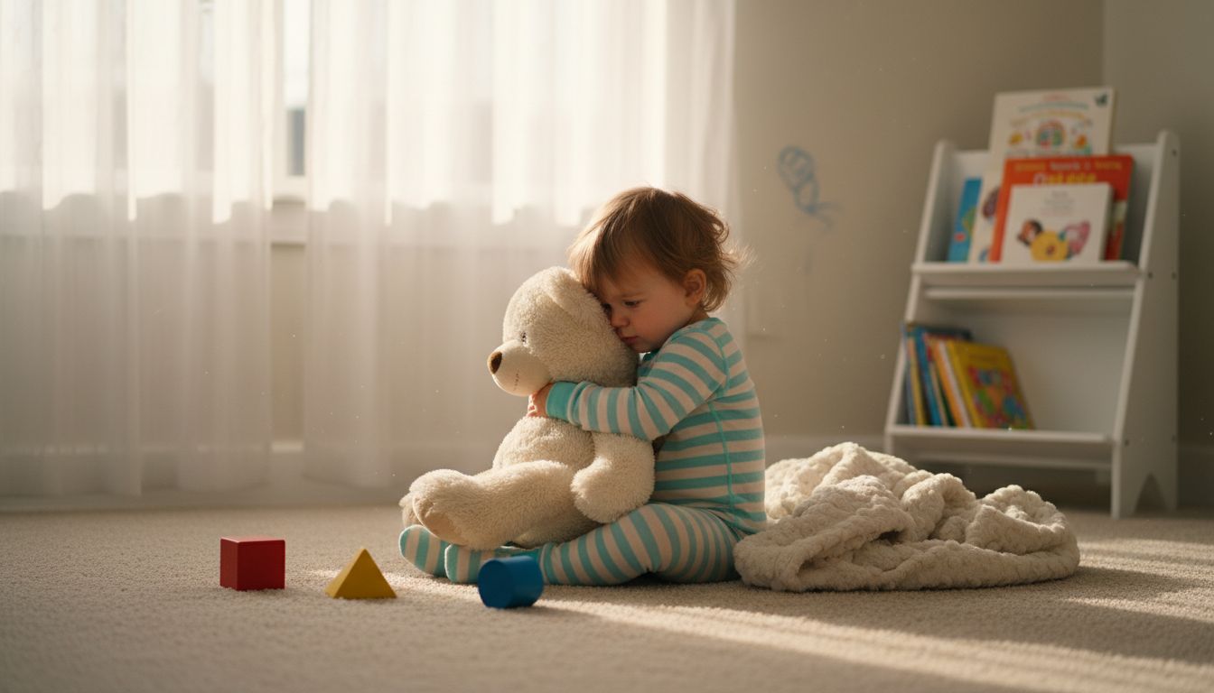 Toddler hugging stuffed toy on carpet