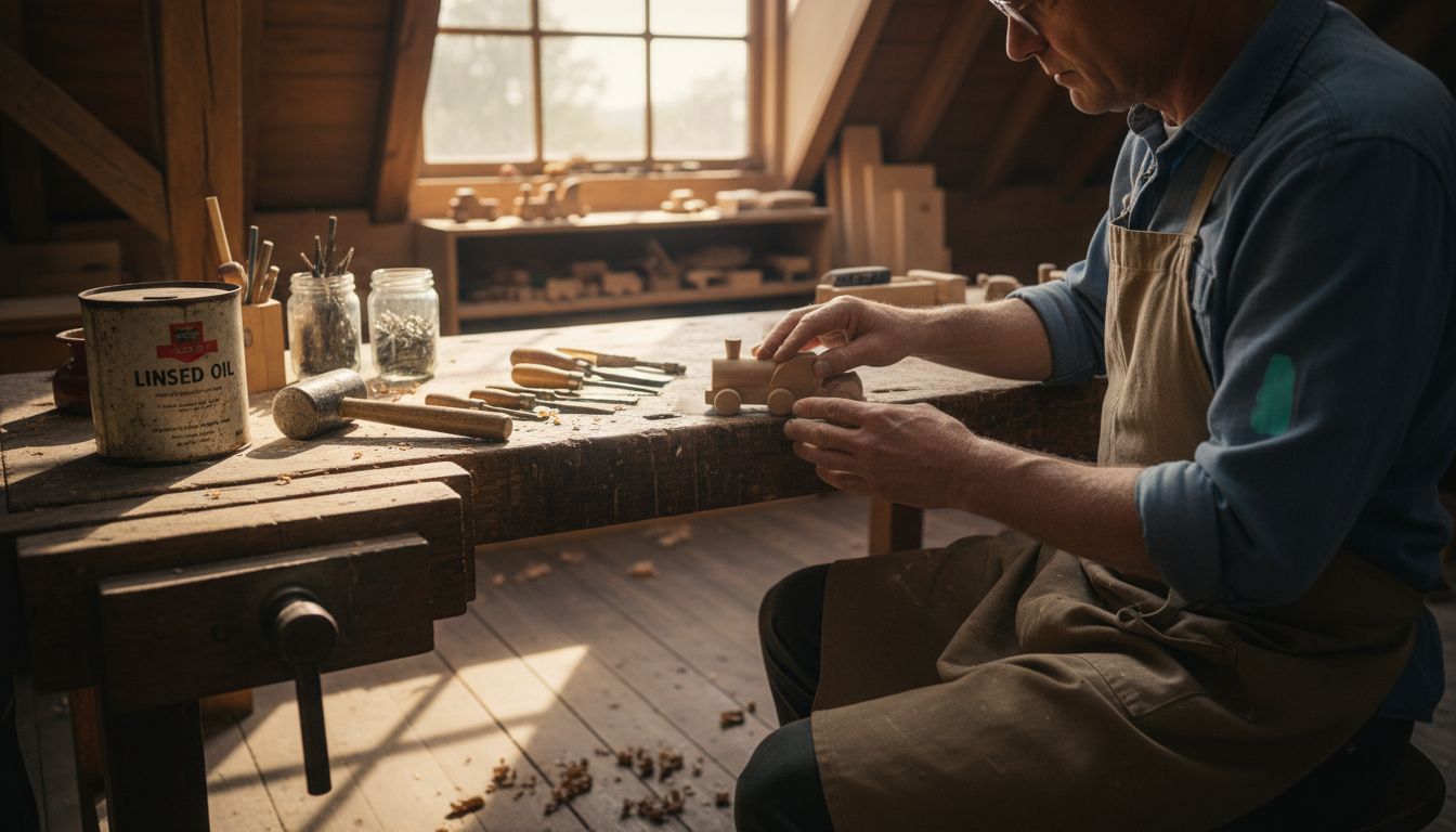 Toy maker crafting wooden train in studio