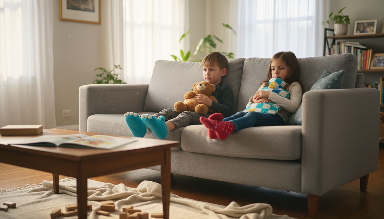 Kinder sitzen mit verschiedenen Wärmflaschen auf dem Sofa