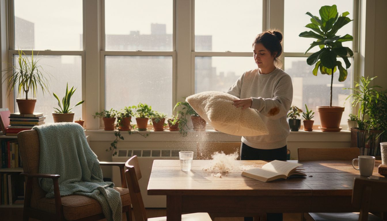 Woman gently cleans throw pillow at home