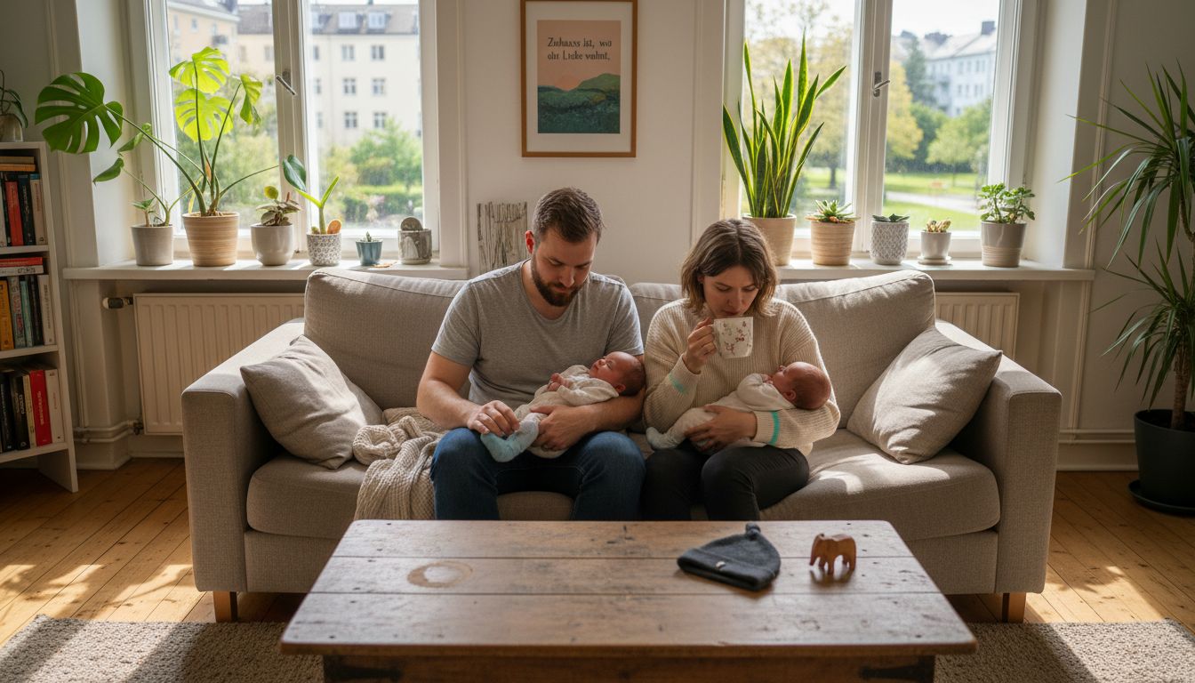 Eine junge Familie mit Baby legt großen Wert auf nachhaltige Produkte im Alltag.