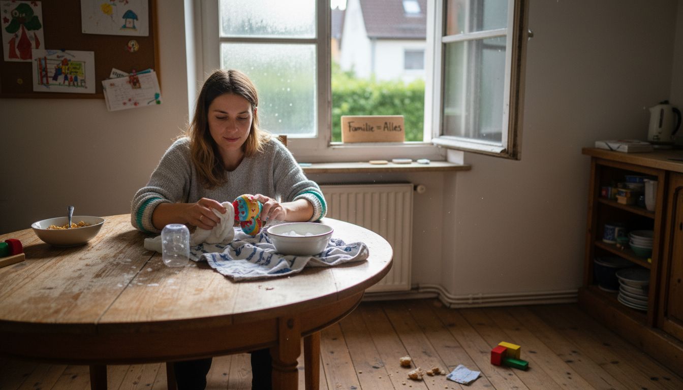 Eine Mutter säubert behutsam eine Stoffrassel für ihr Baby.