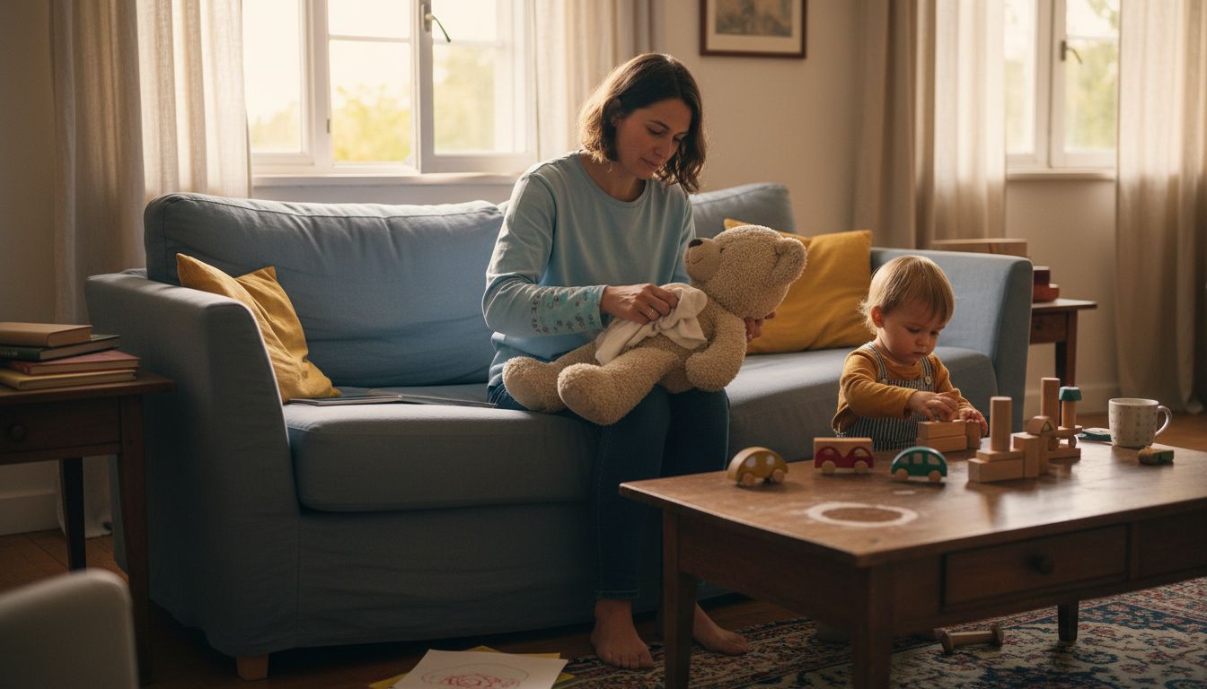 Eine Mutter säubert auf dem Sofa im Wohnzimmer den Bio-Teddybär ihres Kindes.