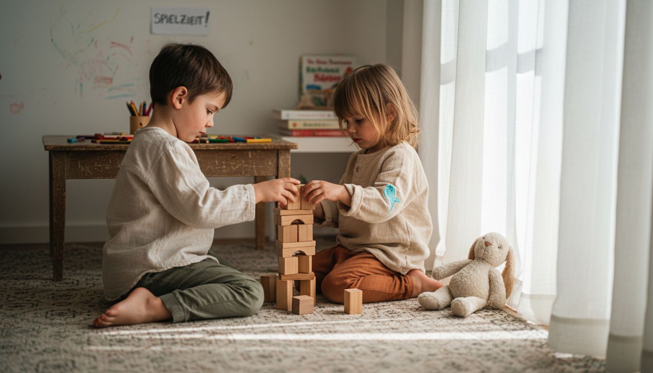 Zu Hause toben Kinder in nachhaltiger Kleidung durchs Wohnzimmer.