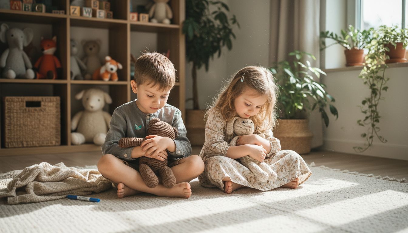 Kinder, die mit umweltfreundlichen Kuscheltieren spielen