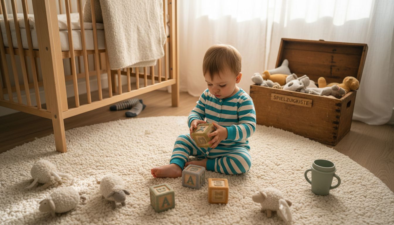 Ein Kind spielt im Kindergarten begeistert mit Spielzeugen aus Bio-Schurwolle.