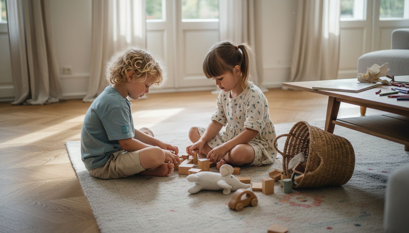 Kinder, die mit umweltfreundlichem und sicherem Spielzeug ausgelassen spielen