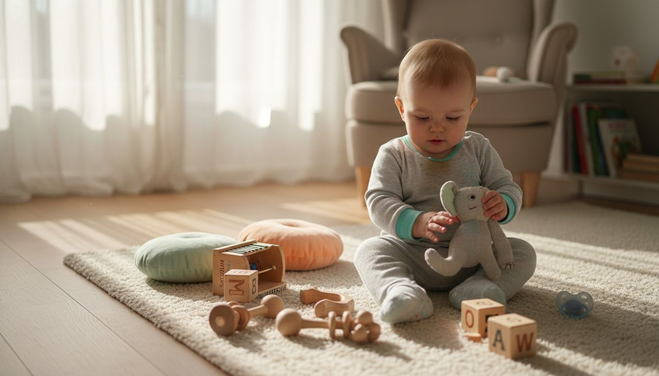 Das Baby sitzt im Wohnzimmer und entdeckt neugierig die verschiedenen Spielsachen.