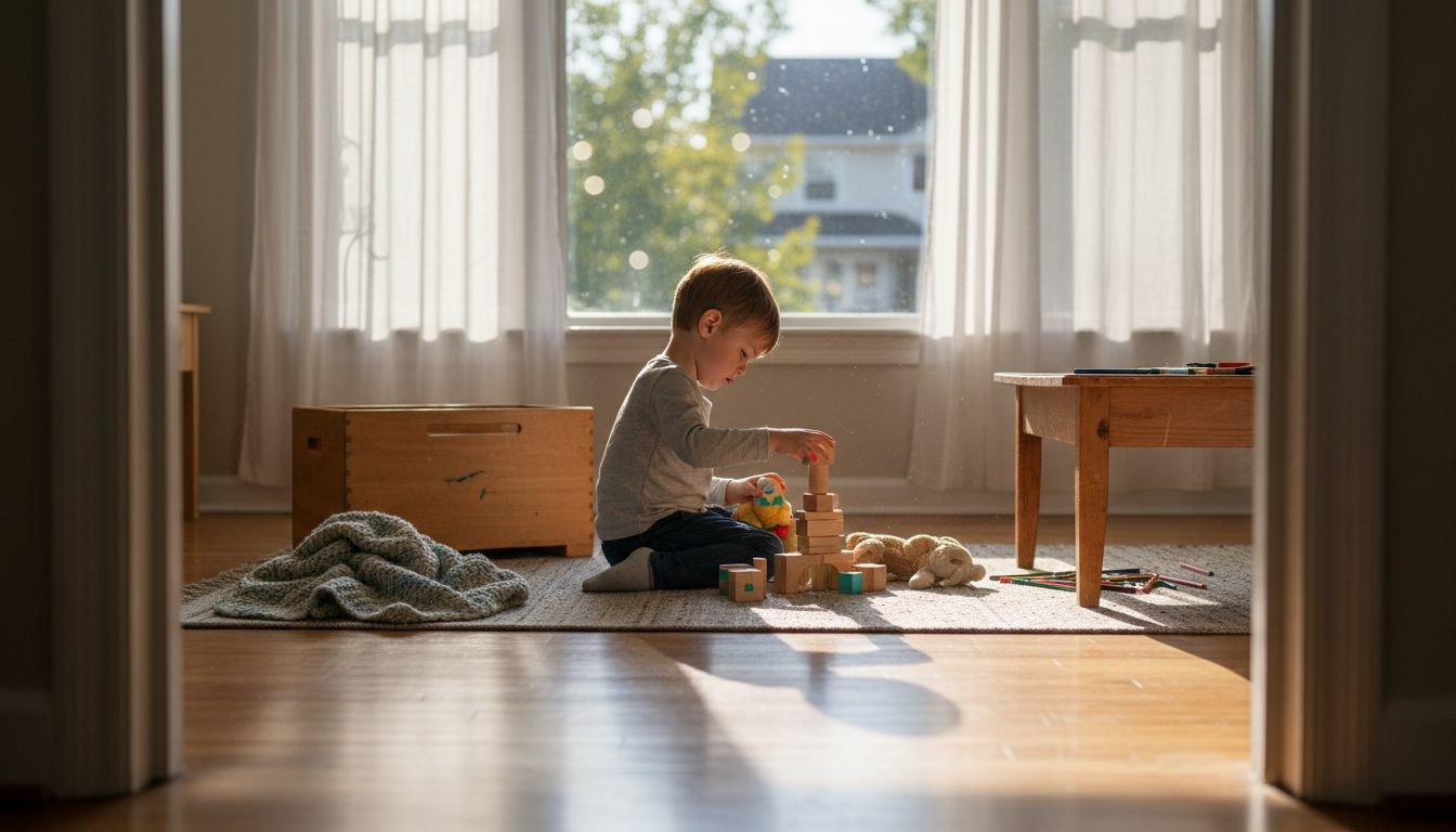 Ein Kind vertieft sich ins Spielen mit Holzspielzeug und Kuscheltieren.