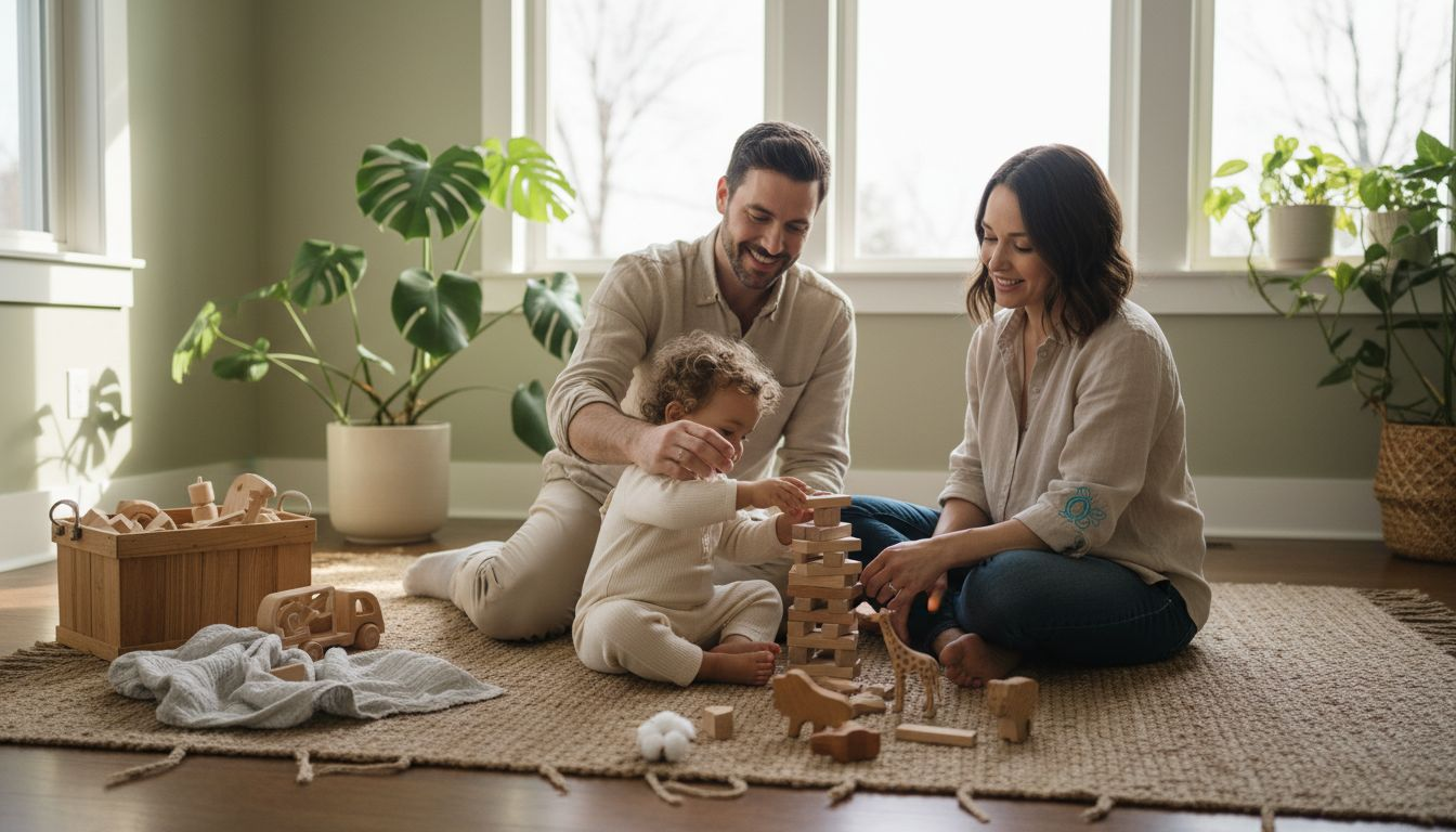 Eine Familie genießt gemeinsame Spielzeit im Wohnzimmer und entdeckt dabei umweltfreundliches Spielzeug.