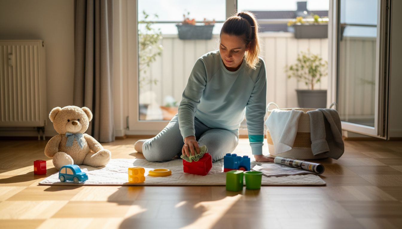Eine Mutter säubert im Wohnzimmer das Spielzeug ihres Babys.