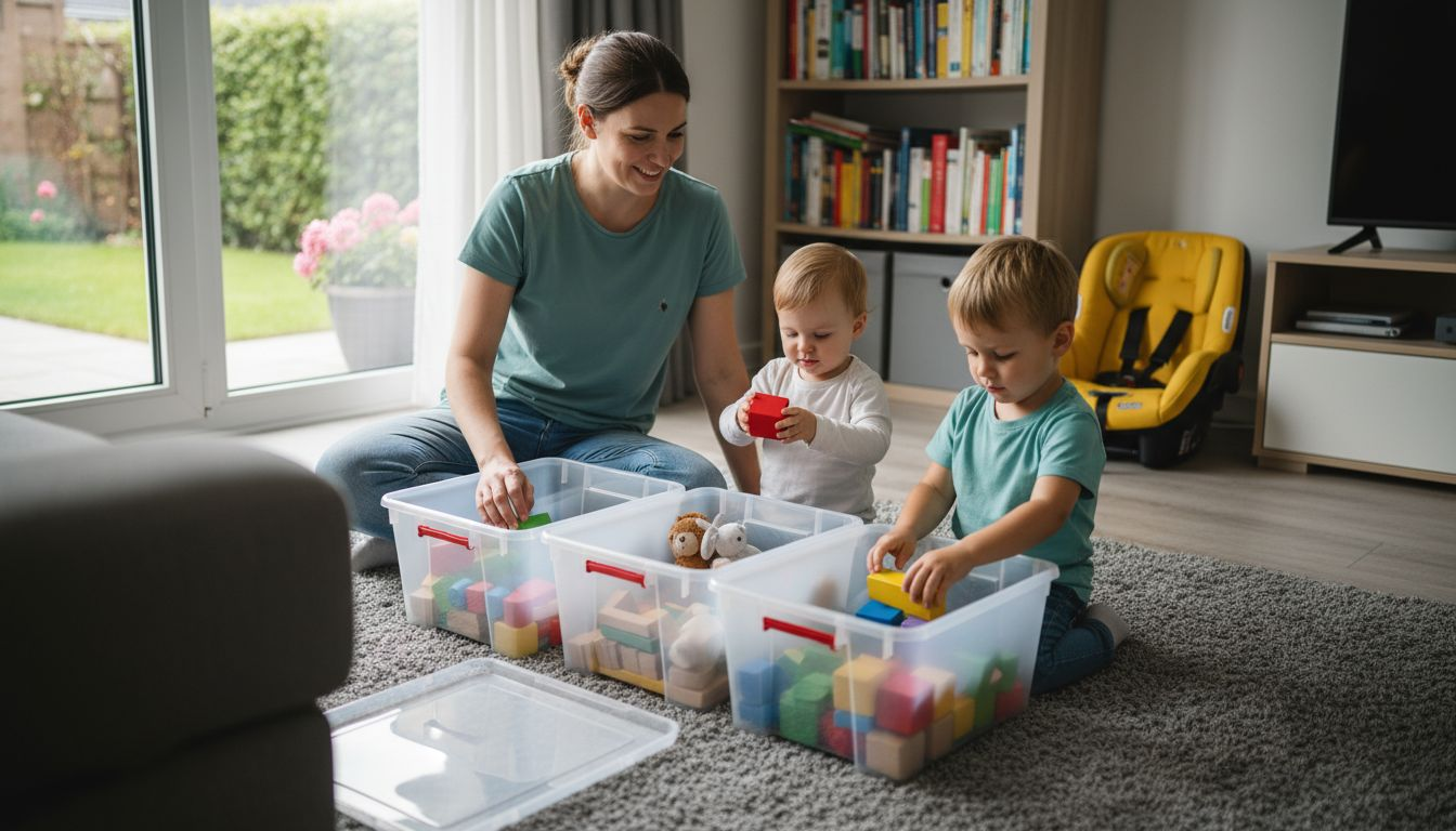 Im Wohnzimmer räumt die Familie gemeinsam das Spielzeug auf und sortiert es ordentlich.