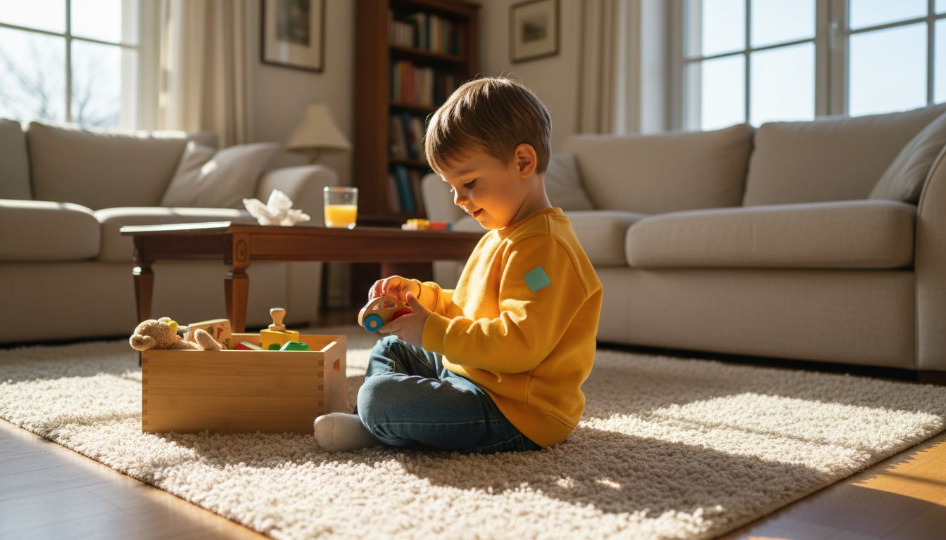 Ein Kind sitzt auf dem Teppich und spielt vertieft mit seinem Holzspielzeug.