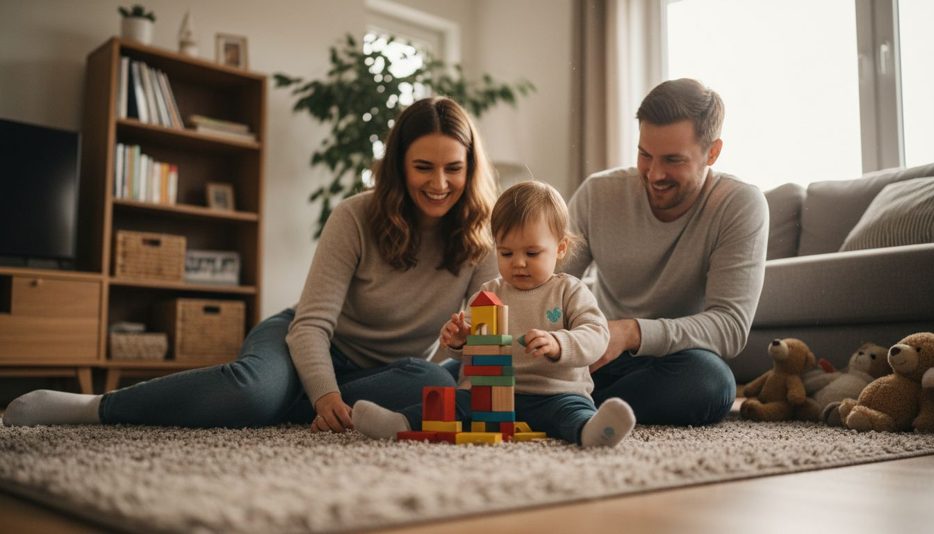 Gemeinsam entdeckt die Familie die Welt des nachhaltigen Holzspielzeugs und erlebt dabei spielerisch schöne Momente.