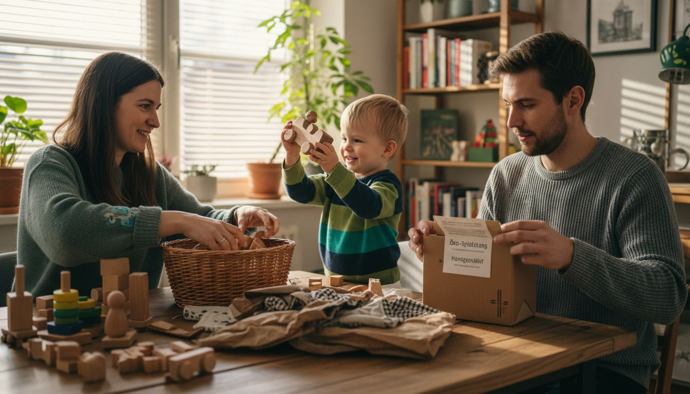 Eine Familie sitzt gemeinsam im Wohnzimmer und sortiert nachhaltiges Spielzeug. Dabei achten sie darauf, was aus umweltfreundlichen Materialien gefertigt wurde und überlegen, wie sie die Spielsachen am besten aufbewahren können.