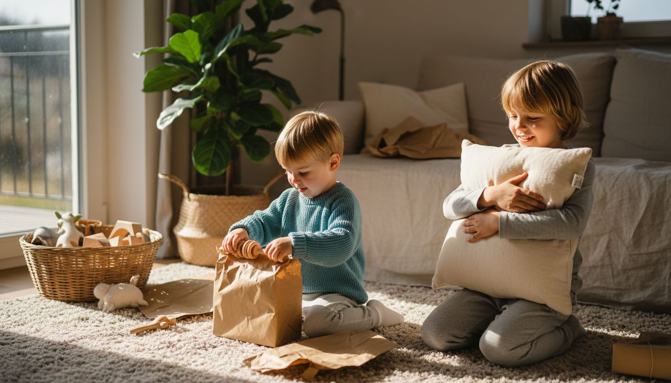 Kinder, die voller Freude nachhaltige und umweltfreundliche Geschenke auspacken.