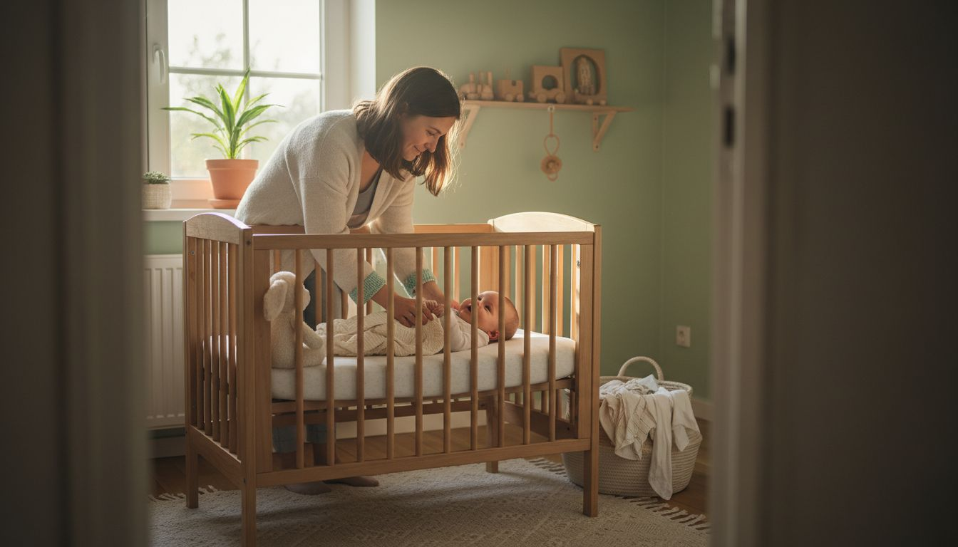 Eine Mutter mit ihrem Baby in einem liebevoll eingerichteten, sicheren Kinderzimmer.